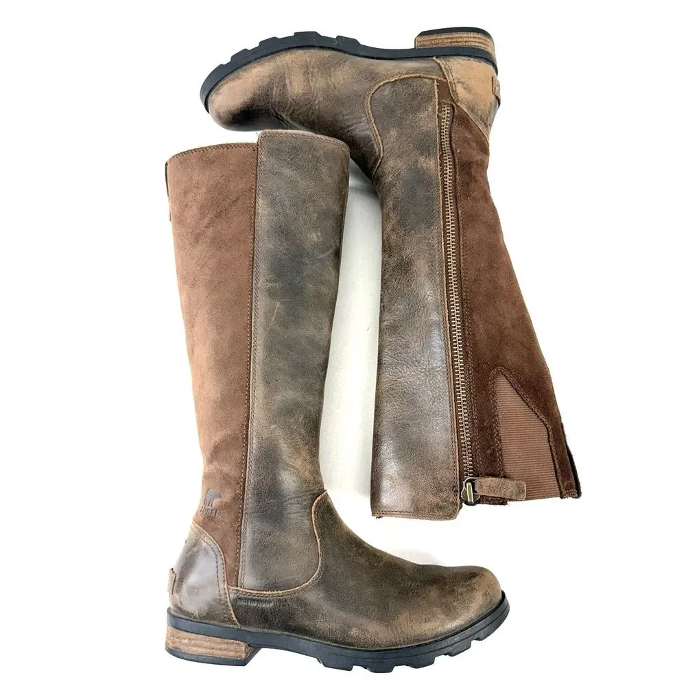 Sorel Boots Womens 6.5 Emelie Tall Riding Brown Leather Side Zip Knee High Block